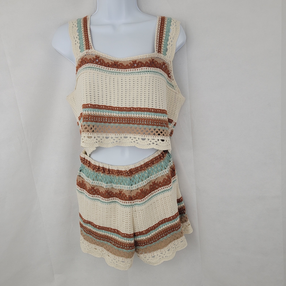 REBELLION Again Womens Sz LARGE Crochet Crop Tank Top Shorts Set Striped Beachy